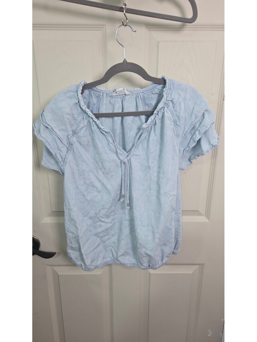 Nicole Miller New York Women’s Large Blue Textured Ruffle Sleeve Peasant Top